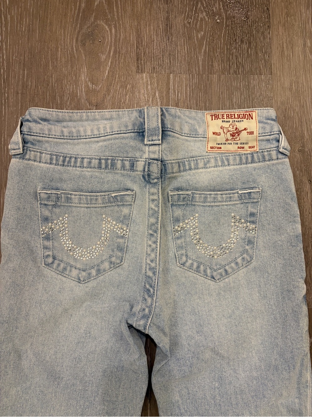 True Religion Light Blue High-Rise Jeans with Rhinestone Pocket